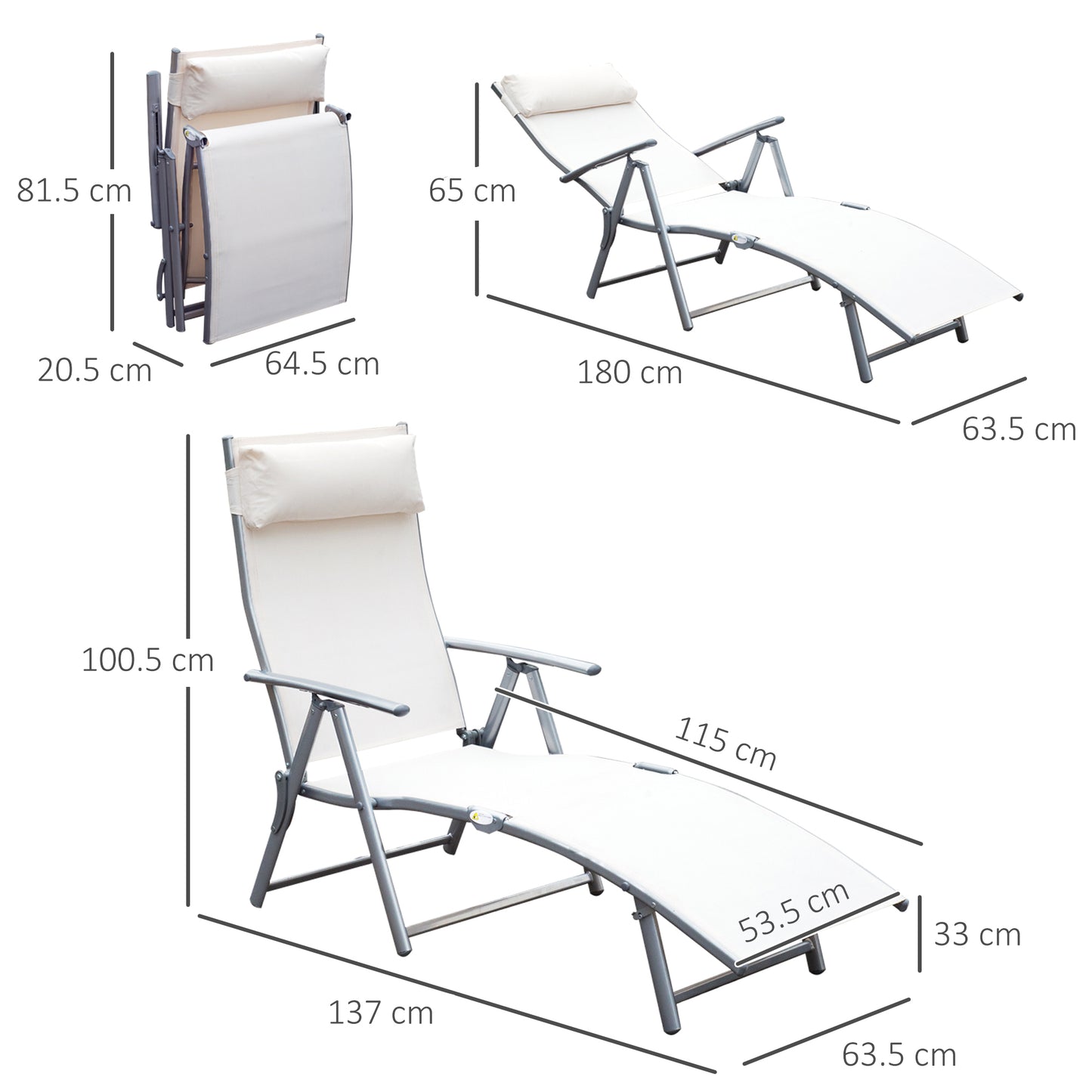 Garden Lounger Steel Frame Outdoor Folding Chaise Lounger with Headrest & 7 Levels Adjustable Backrest, 81.5L x 20.5W x 64.5H, Cream White