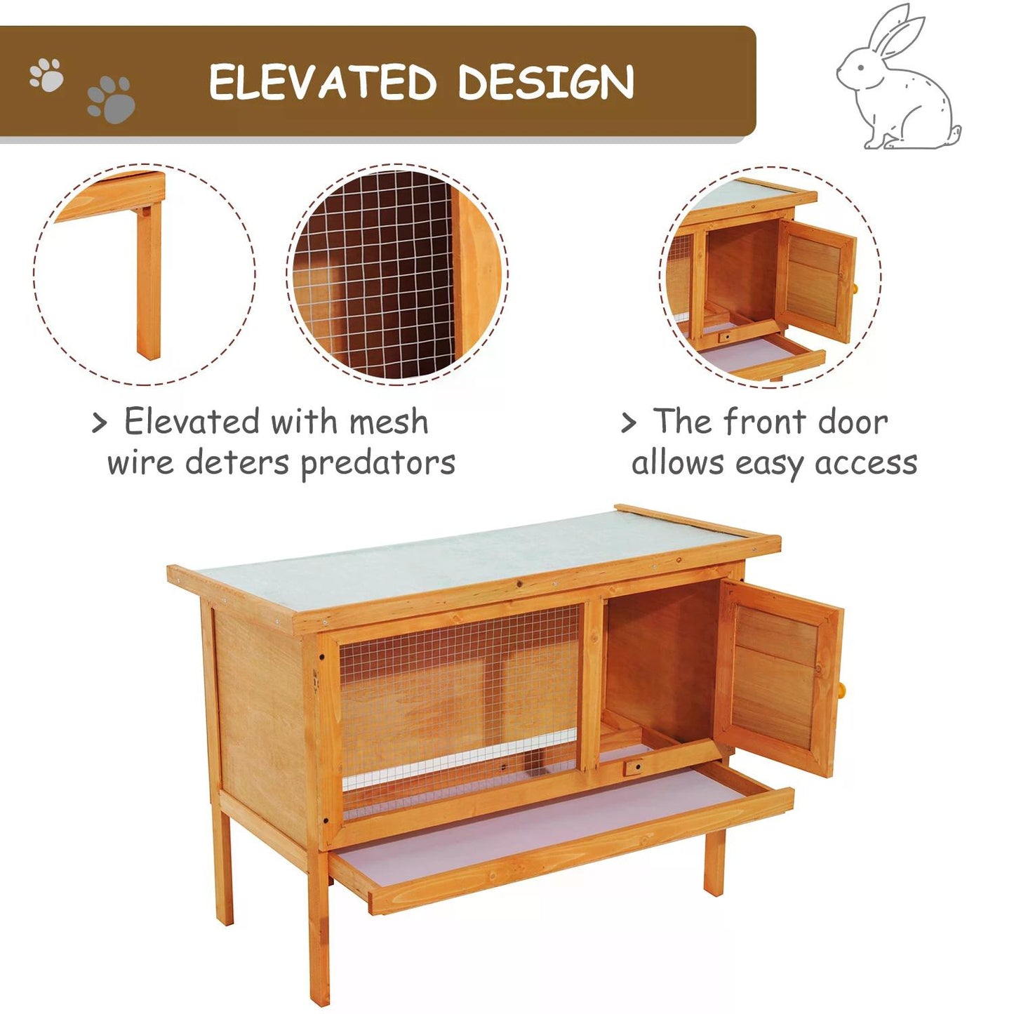 Wood Rabbit Hutch Guinea Pig House Bunny Cage Shelter Indoor Outdoor Elevated with Sliding Tray 90x45x65cm