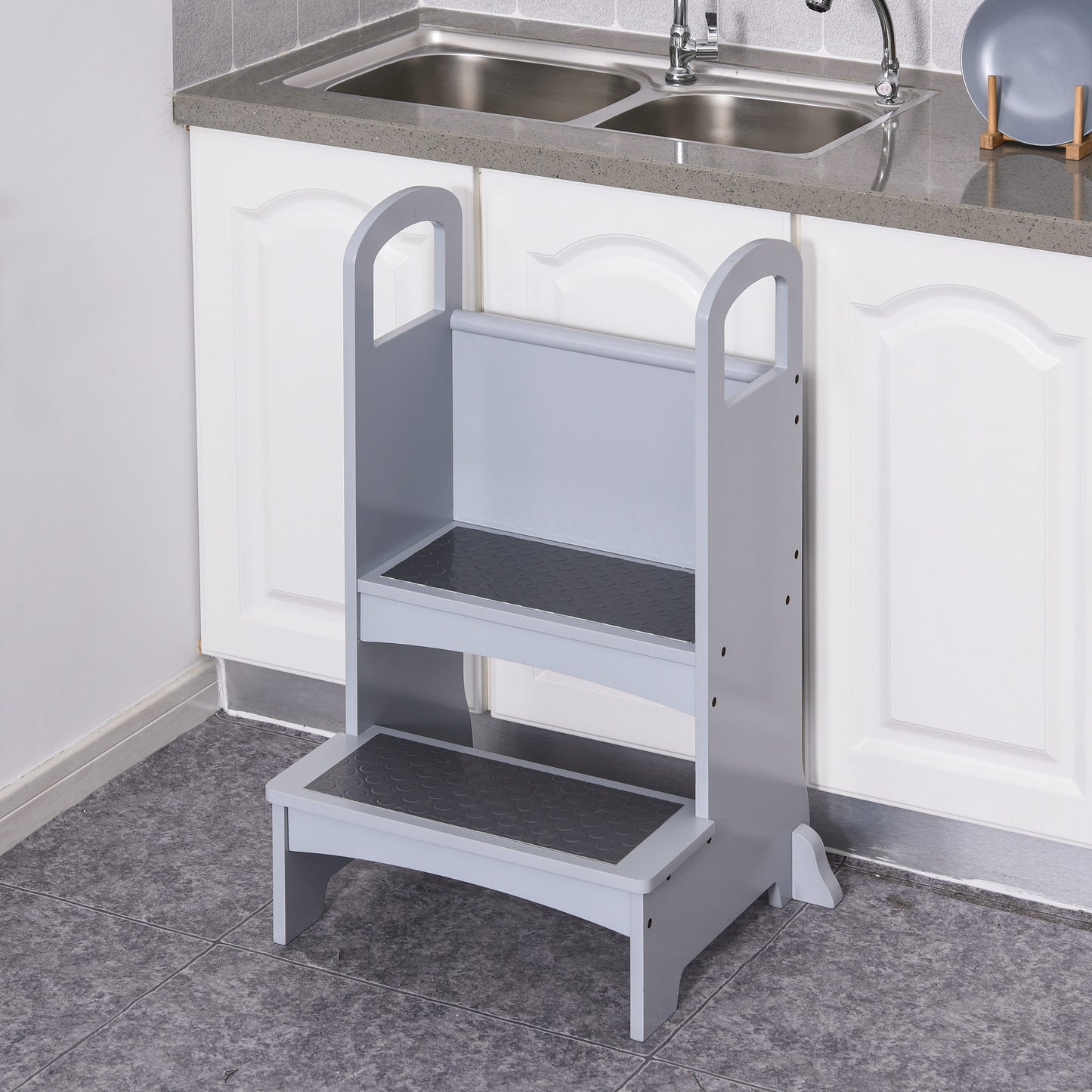 HOMCOM Kids Wooden Step Stool Kitchen Helper w/ Non-Slip Panels Handles Child Toddler Home Help 3 - 8 Yrs Grey