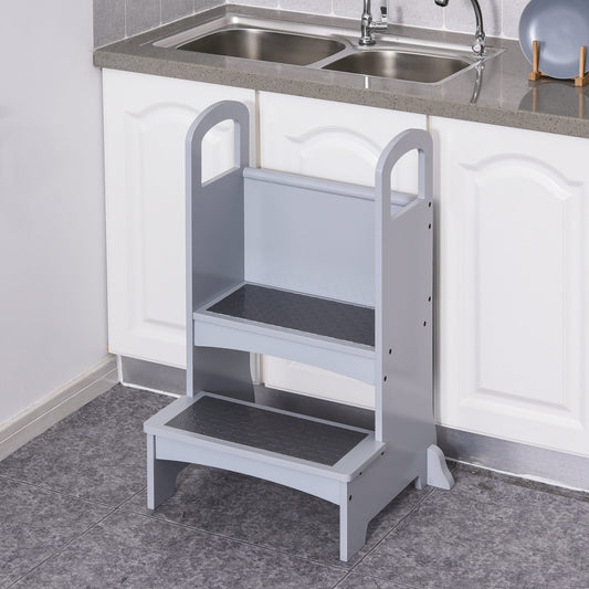 HOMCOM Kids Wooden Step Stool Kitchen Helper w/ Non-Slip Panels Handles Child Toddler Home Help 3 - 8 Yrs Grey