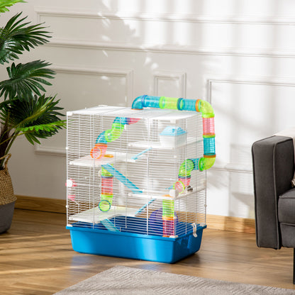 Hamster Cage with Tunnel Tube System, 5 Level Gerbil Haven with Water Bottle, Exercise Wheel, Food Dish, Ramps 59 cm x 36 cm x 69 cm - Blue