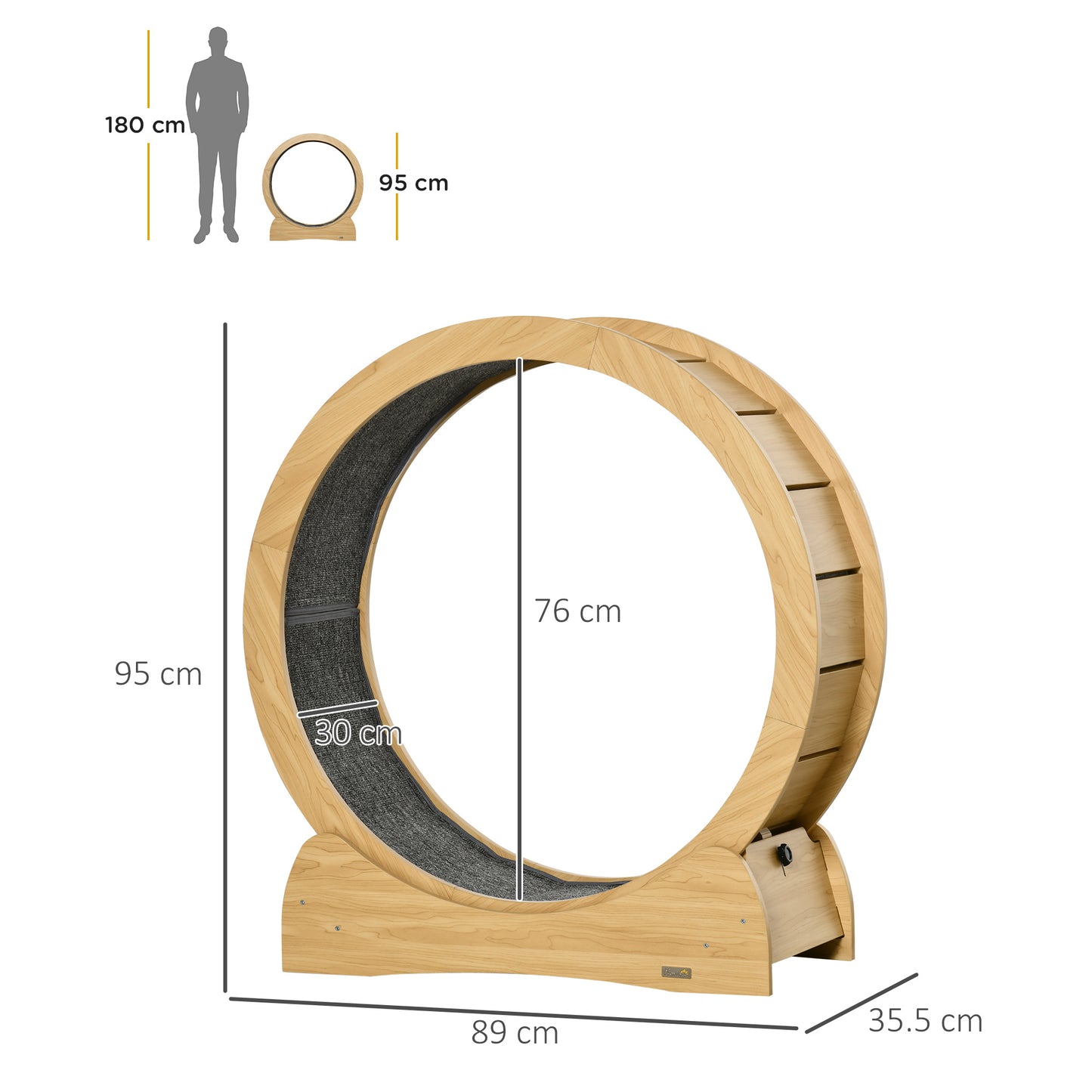 Cat Treadmill, Wooden Cat Exercise Wheel with Carpeted Runway, Cat Running Wheel with Brake, for Exercise - Natural Wood Finish