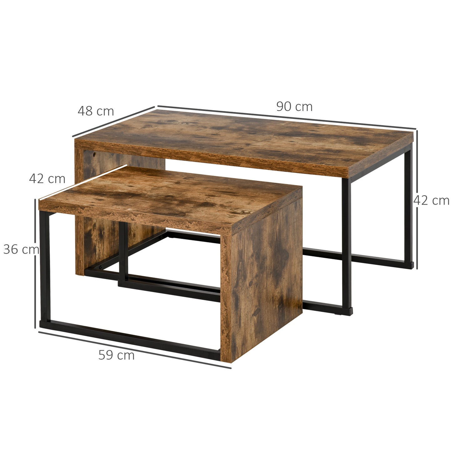 Coffee Tables Set of 2, Industrial Nest of Tables with Metal Frame for Living Room Bedroom, Rustic Brown