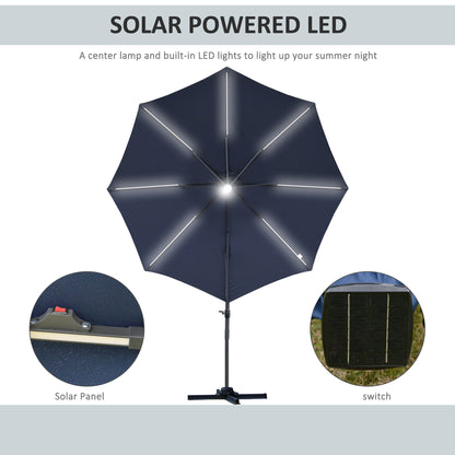3(m) Cantilever Roma Parasol Garden Sun Umbrella Outdoor Patio with LED Solar Light Cross Base 360° Rotating, Blue