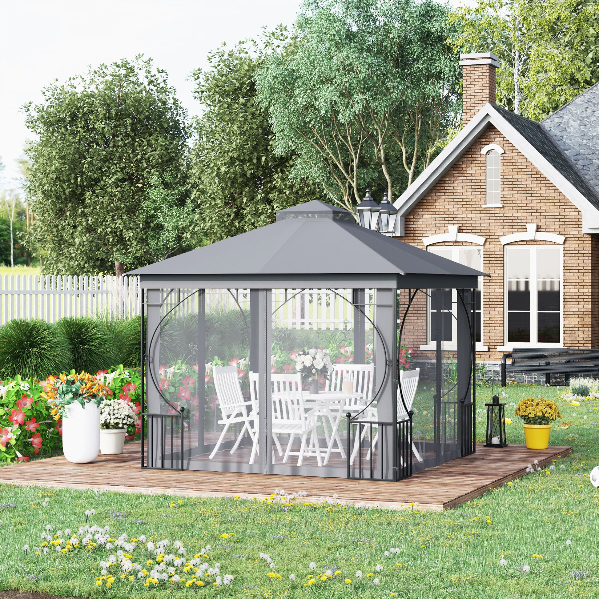 Outsunny 3 x 3(m) Garden Gazebo Patio Party Tent Shelter Outdoor Canopy Double Tier Sun Shade Metal Frame Netting Light Grey