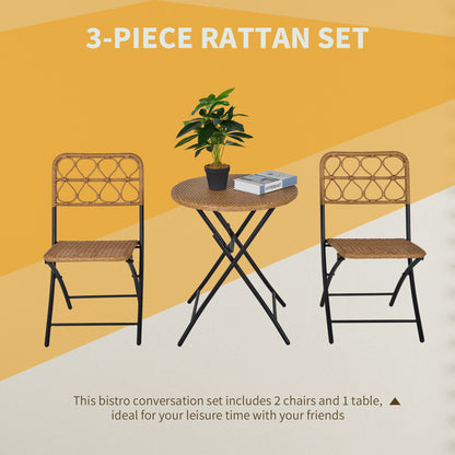 Outsunny 3 PCS Rattan Wicker Bistro Set with Easy Folding, Hand Woven Rattan Coffee Table and Chairs for Outdoor Lawn, Pool, Balcony & Garden, Natural