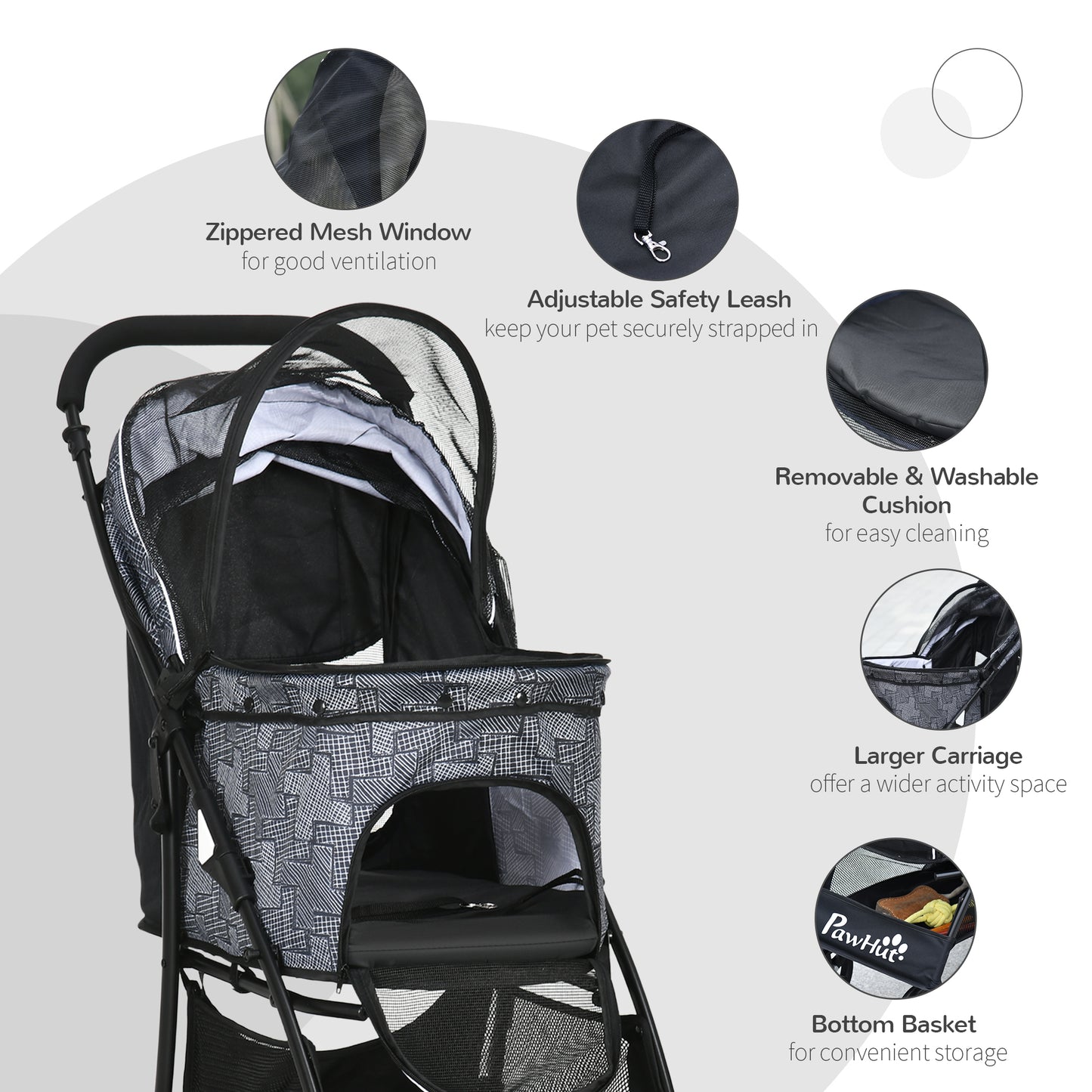 Pet Stroller Dog Pram Pushchair Cat Travel Carriage W/ Universal Wheels, Brake, Canopy, Storage Bag - Grey