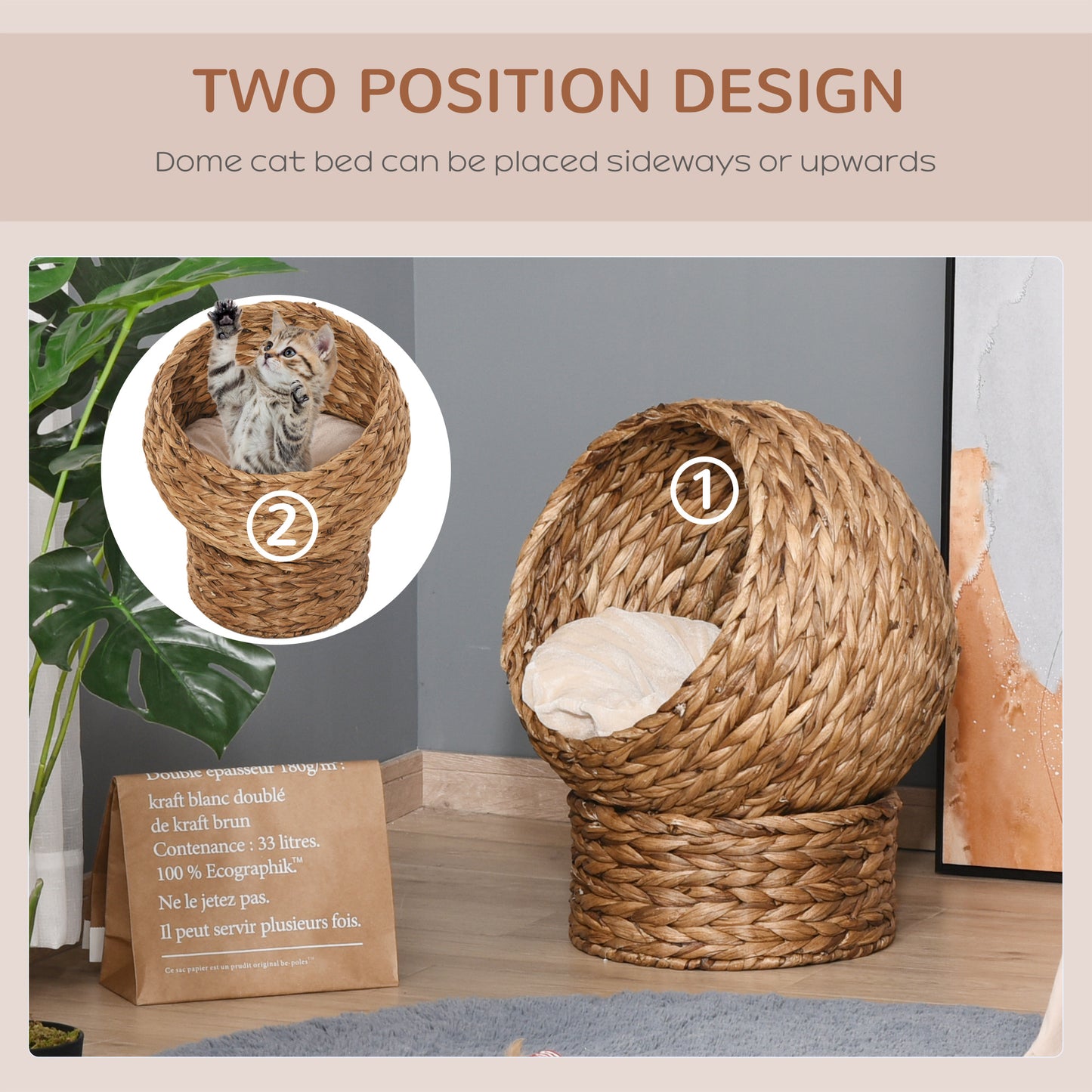 Wicker Cat House, Raised Cat Bed with Cylindrical Base, Soft Washable Cushion, Woven Water Hyacinth Cat Basket for Indoor and Outdoor, 50 x 42 x 60 cm - Brown
