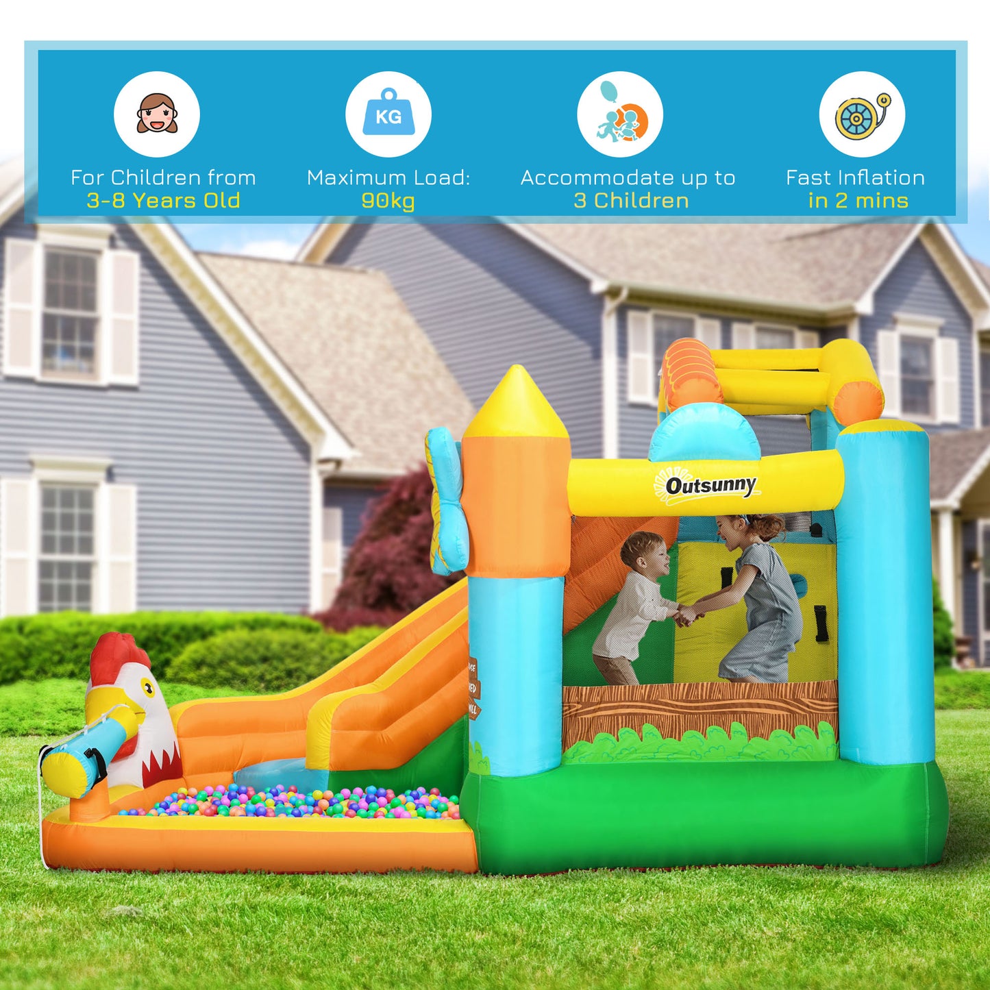 5 in 1 Kids Bouncy Castle Farm Style Inflatable House with Slide Trampoline Pool Water Cannon Climbing Wall with Inflator Carrybag