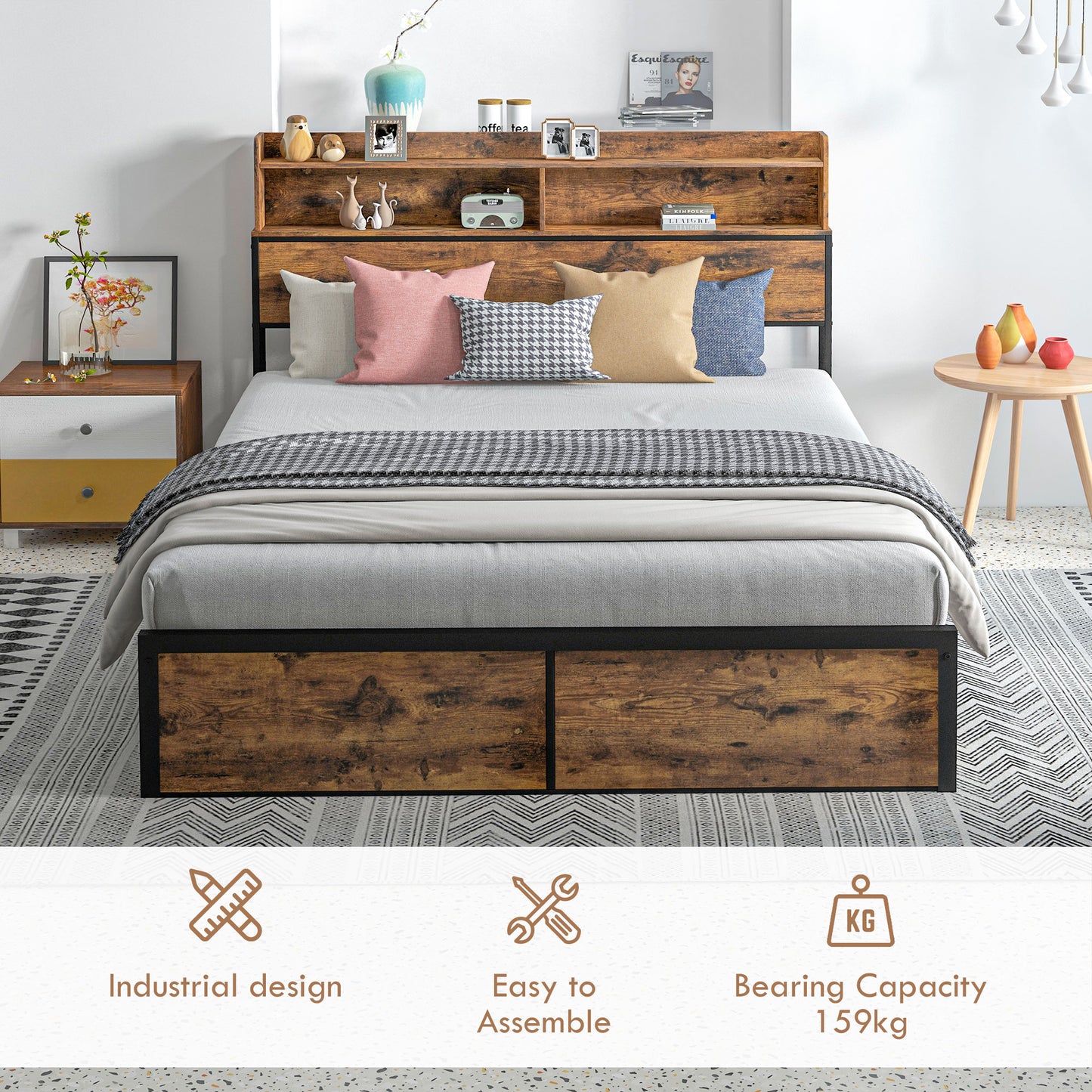 Industrial King Bed Frame, 5.2FT Steel Bed Base with Storage Headboard, Footboard, Rustic Brown