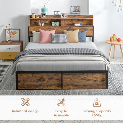Industrial King Bed Frame, 5.2FT Steel Bed Base with Storage Headboard, Footboard, Rustic Brown