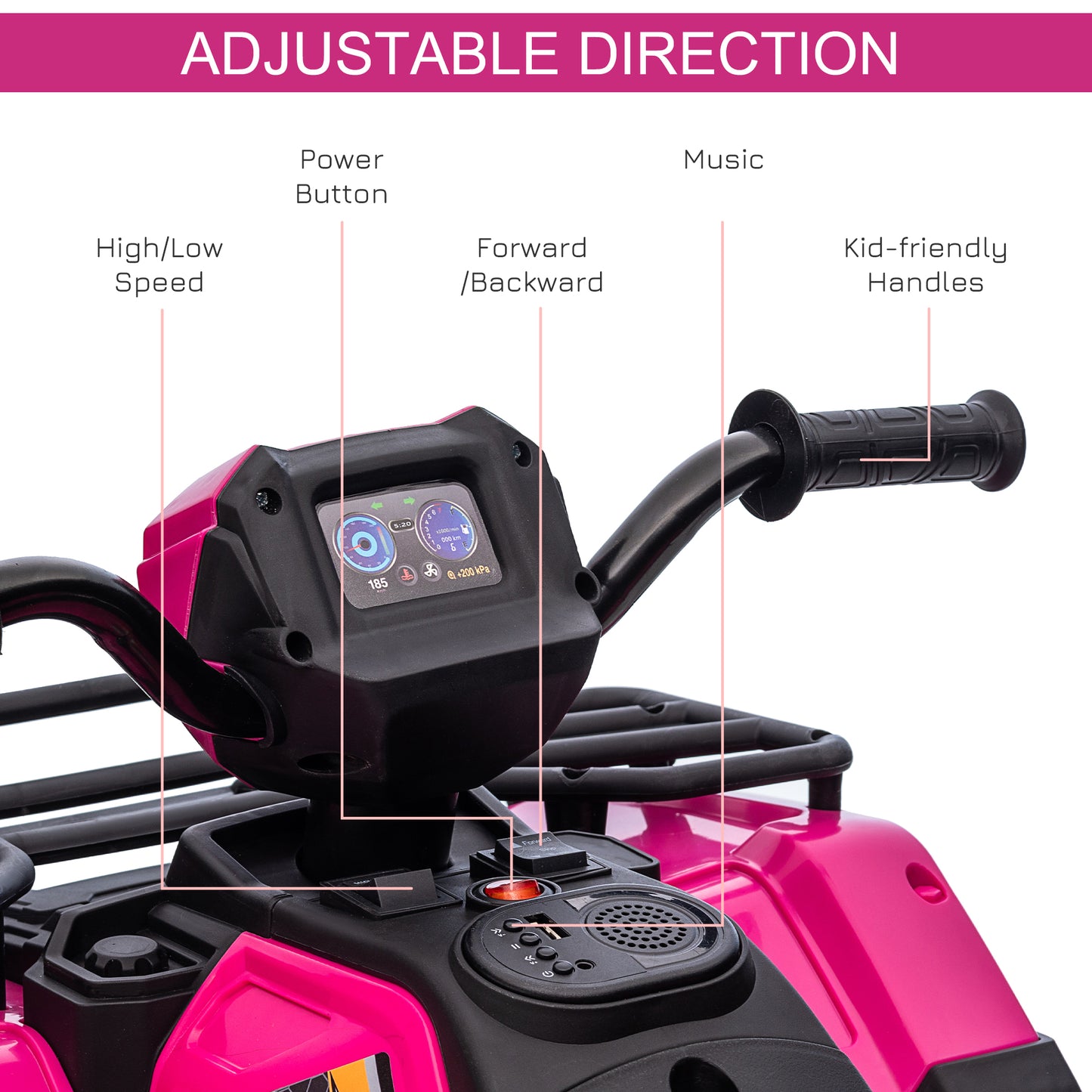 12V Kids Quad Bike with Forward Reverse Functions, Ride On ATV with Music, LED Headlights, for Ages 3-5 Years - Pink