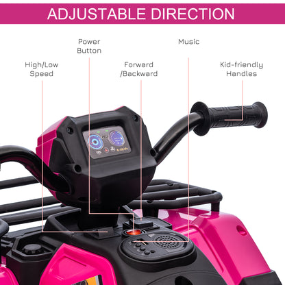 12V Kids Quad Bike with Forward Reverse Functions, Ride On ATV with Music, LED Headlights, for Ages 3-5 Years - Pink
