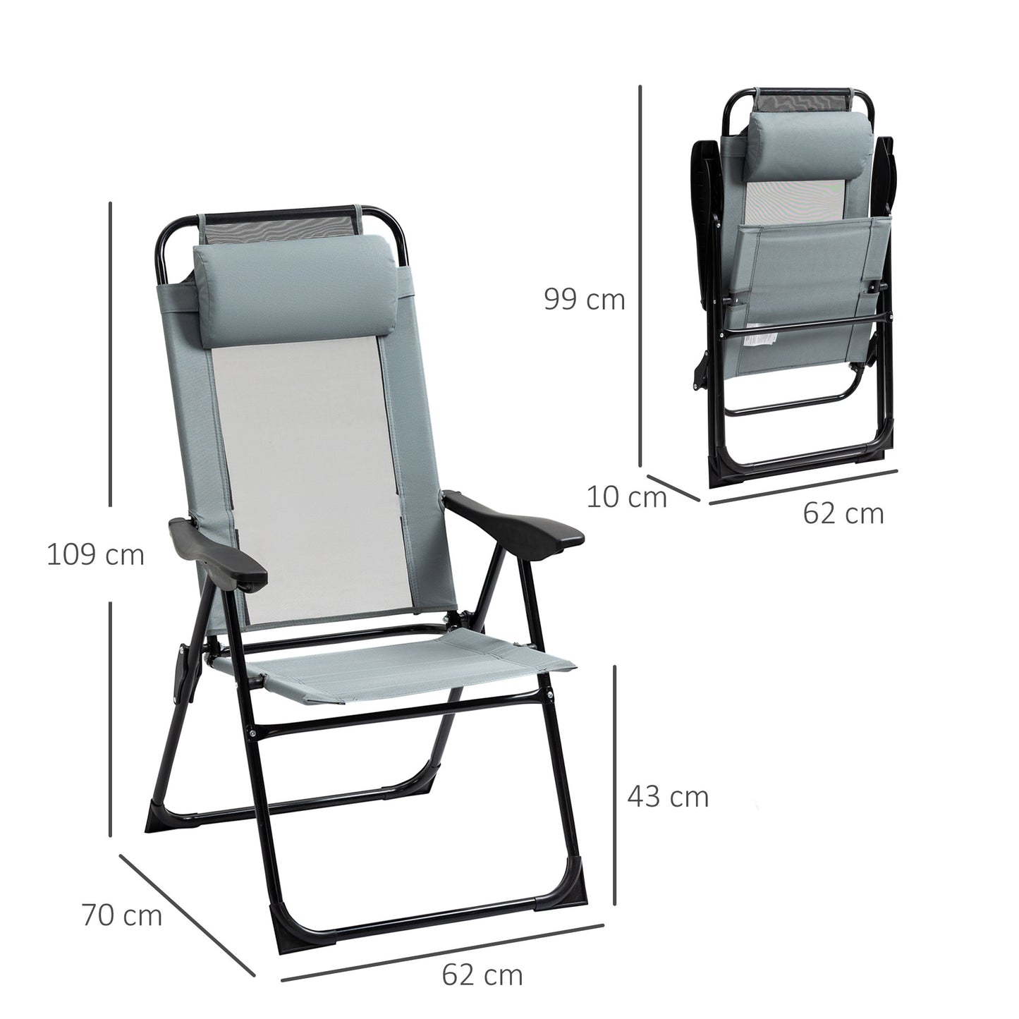 Set of 2 Portable Folding Reclining Metal Outdoor Patio Chaise Lounge Chairs with Adjustable Backrest, Grey