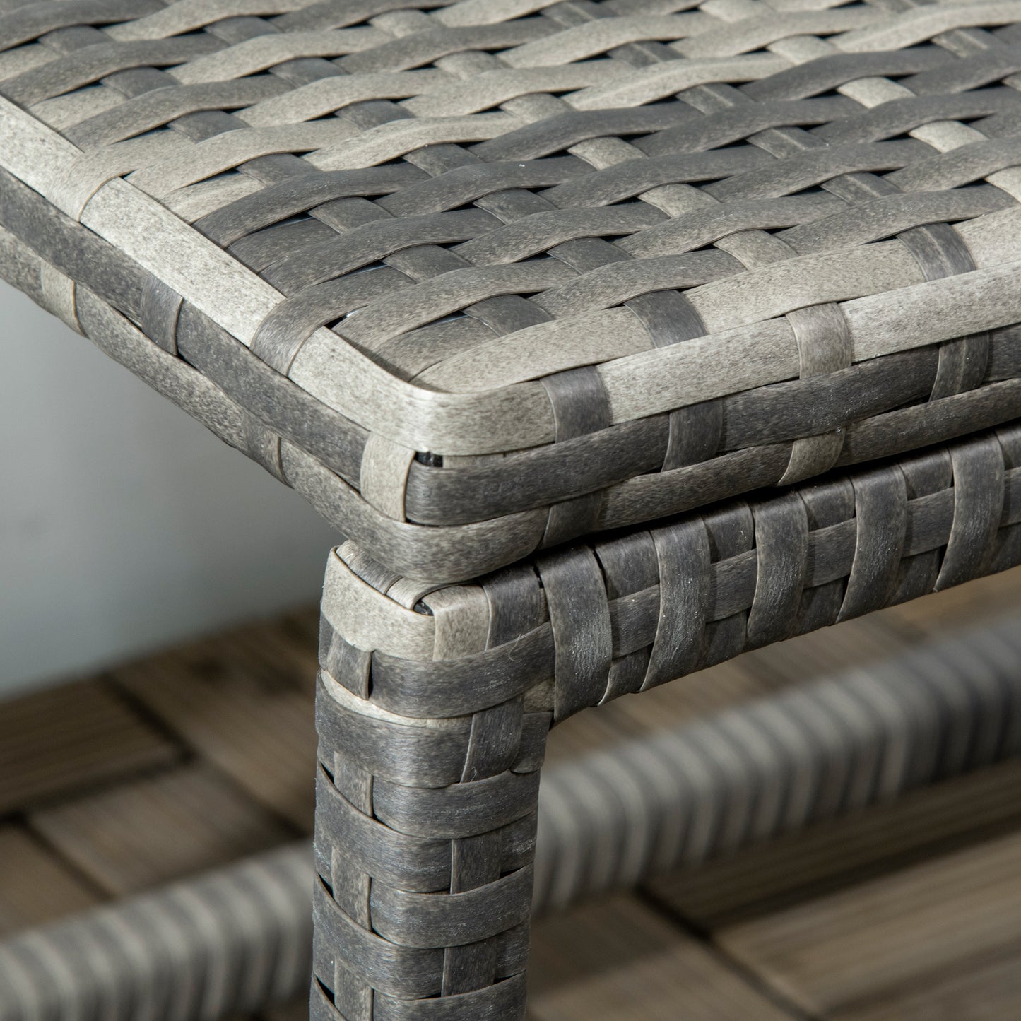 Outsunny Outdoor Coffee Table, Garden PE Rattan Side Table with Plastic Board Under the Full Woven Table Top and X-Shape Support for Patio, Balcony, Mixed Grey