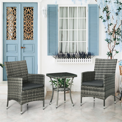 Stylish 3 Piece Outdoor Rattan Bistro Set with Cushions in Mixed Grey