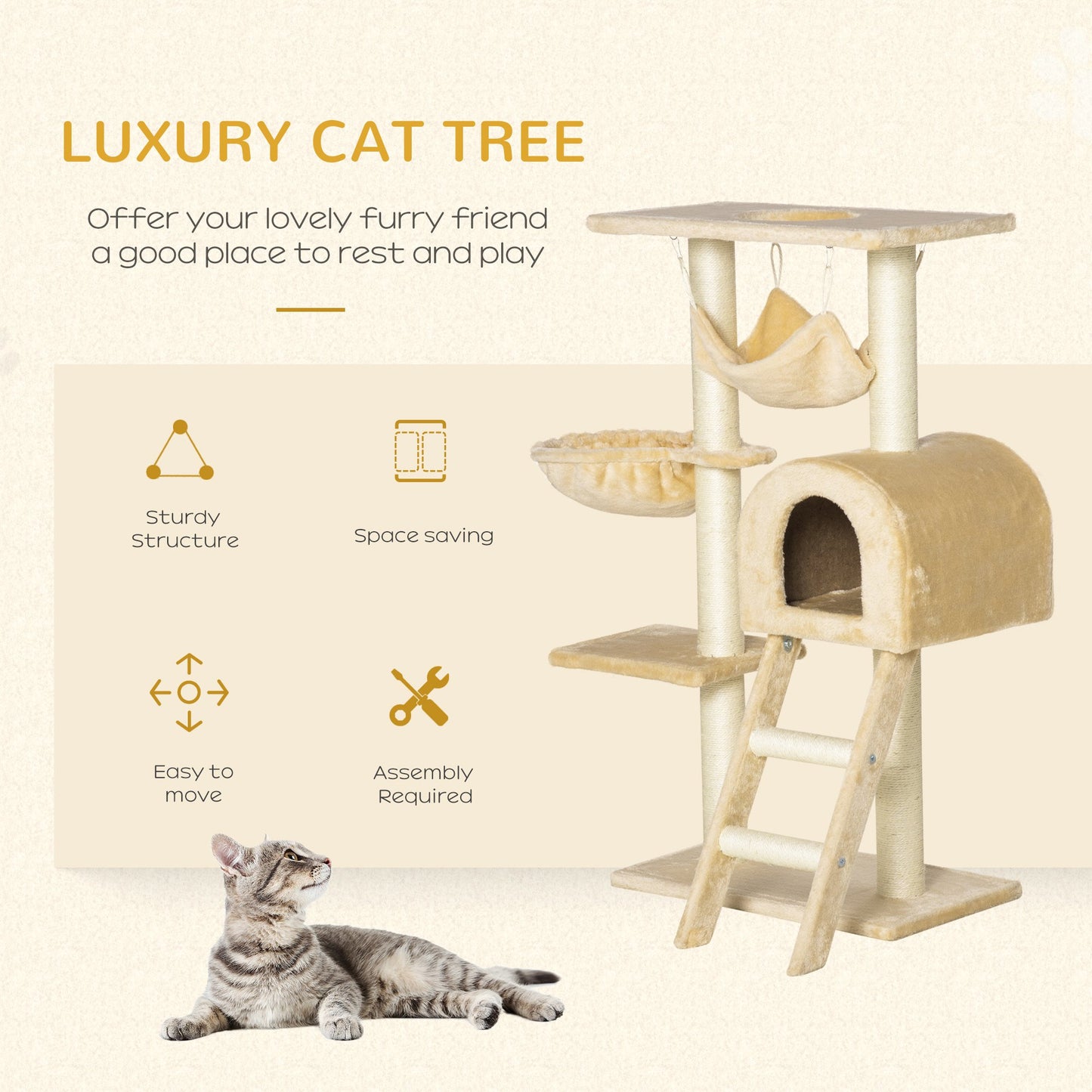 Cat Tree Tower for Indoor Cats Kitten Activity Centre Scratching Post w/ Hammock House Basket Ladder - Beige