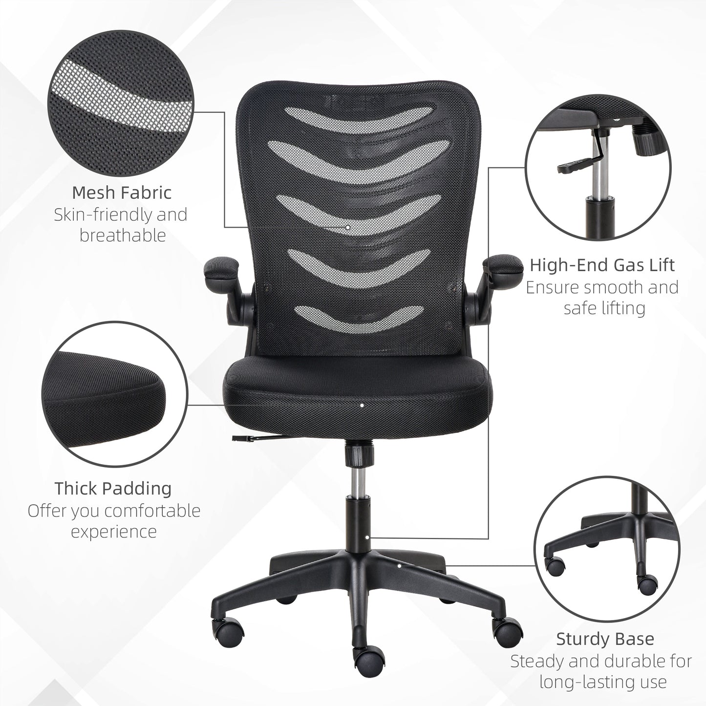 Mesh Swivel Chair for Home Task Desk Chair with Lumbar Back Support, Flip-Up Arm, Adjustable Height, Black