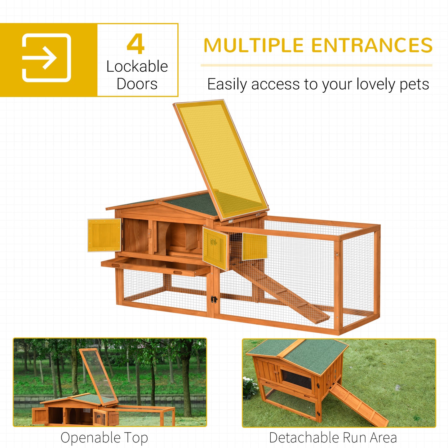 Rabbit Hutch and Run Outdoor Bunny Cage Wooden Guinea Pig Hide House with Sliding Tray, Hay Rack, Ramp, 156 x 58 x 68cm