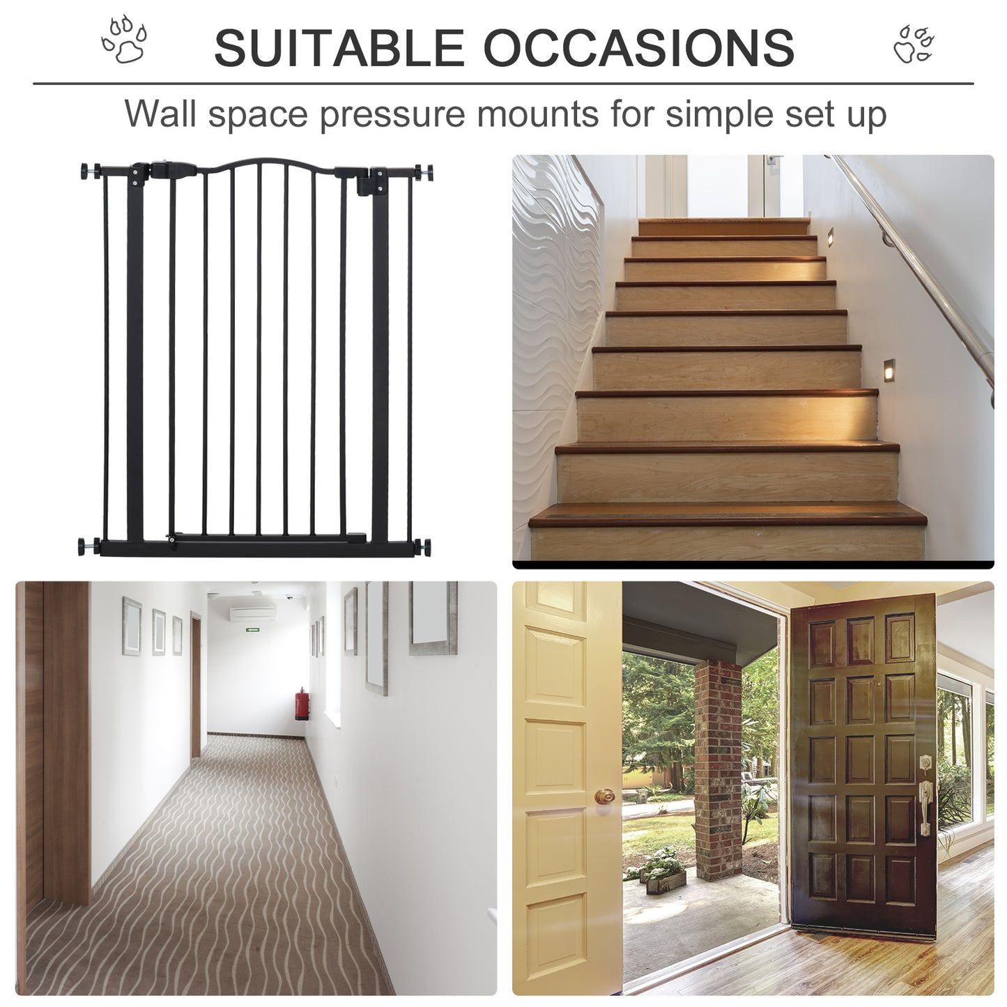 Dog Gate Pressure Fit Pet Tall Stairs Gate Safety Barrier Auto Close, 94cm Extra Tall, 74-80cm Wide, with Double Locking, Black