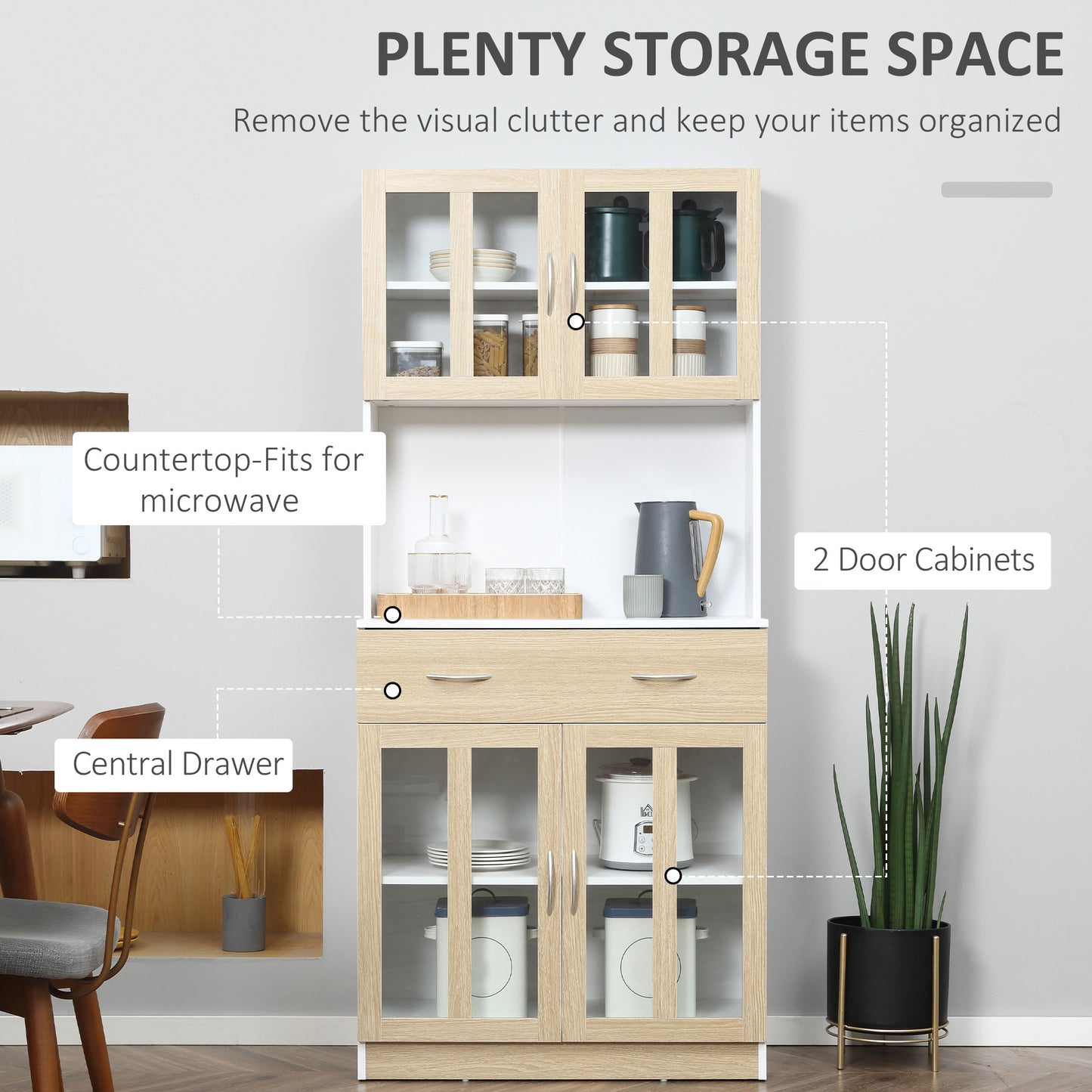 Modern Kitchen Cupboard, Freestanding Storage Cabinet Hutch with Central Drawer, 2 Glass Door Cabinets and Countertop,180cm
