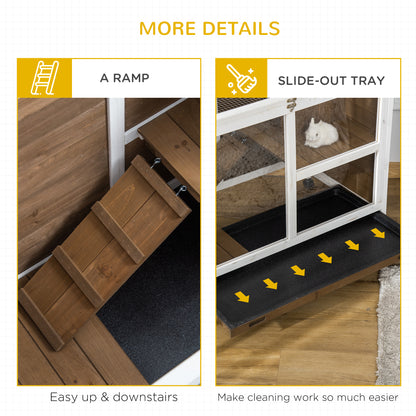 Wooden Rabbit Hutch Guinea Pigs House Bunny Small Animal Cage w/ Pull-out Tray Openable Roof Wheels 91.5 x 53.3 x 73 cm, Brown