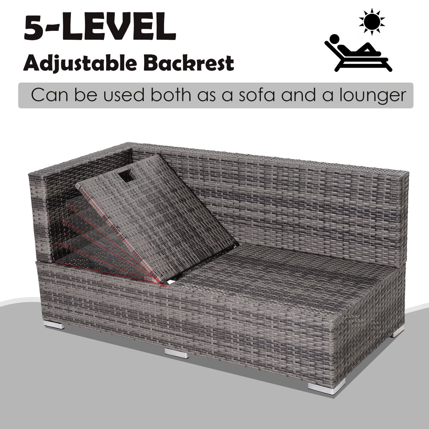 3PC Rattan Garden Furniture Storage Set 4 Seater Wicker Coffee Table Conservatory Sun Lounger Reclining Set Outdoor Weave with Cushion Grey