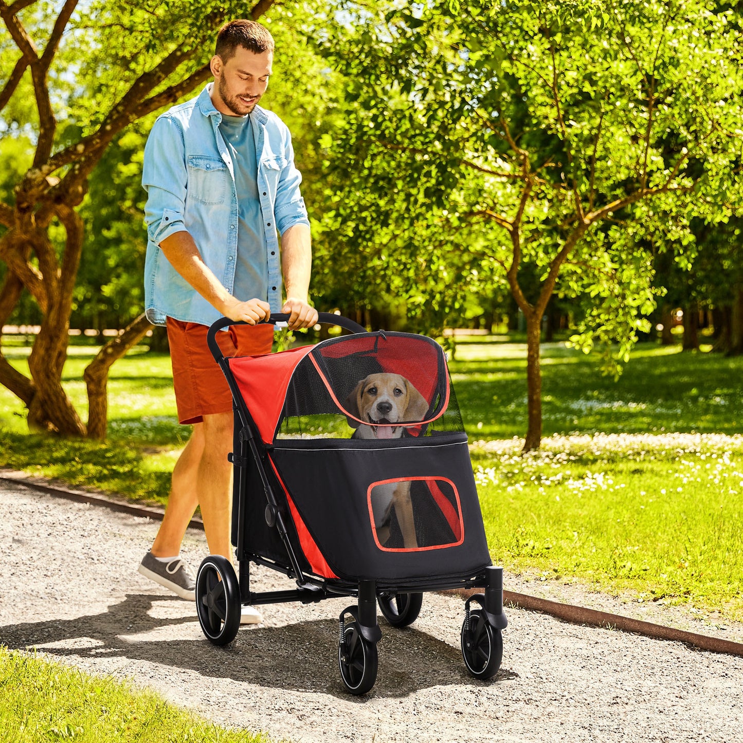 Pet Stroller w/ Universal Front Wheels, Shock Absorber, One-Click Foldable Dog Cat Carriage w/ Brakes, Storage Bags, Mesh Window, Safety Leash, for Large and Medium Dogs - Red