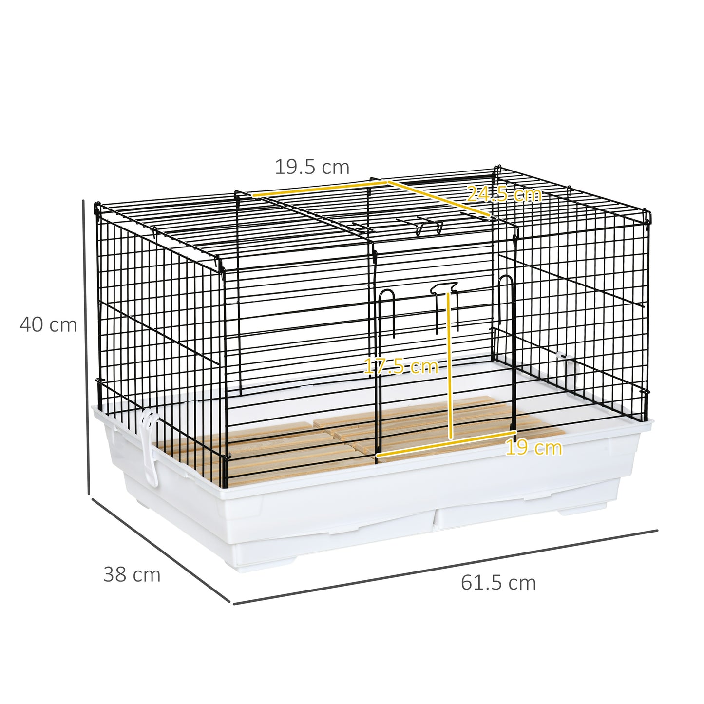 Indoor Small Animal Cage with Wood Floor, Bunny Guinea Pig House with Removable Trays, 61.5 x 38 x 40 cm, White
