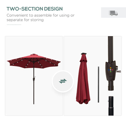 Φ2.7m Garden 24 LED Light Parasol Solar Outdoor Tilt Sun Umbrella Patio Club Party Event Manual Sun Shade w/ Hand Crank and 8 Ribs Red