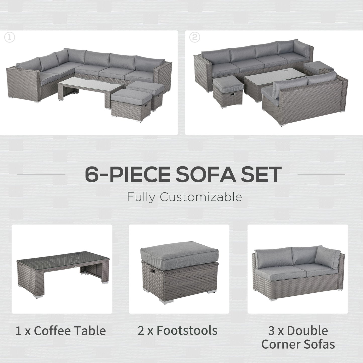 6 Pieces Outdoor PE Rattan Wicker Corner Sofa Set with 10cm Thick Padded Cushions, Aluminium Conservatory Furniture with Glass Top Coffee Table, Footstools, Grey