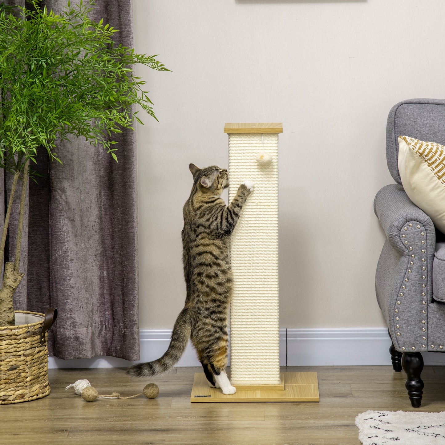 80cm Indoor Cat Scratching Post with Hanging Ball Toy, Particle Board Base, Natural Sisal Rope, Cat Furniture - White