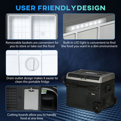 Outsunny 50L Car Refrigerator, Portable Compressor Cooler Box, Fridge Freezer w/ Inner LED Light, Foldable Handles, Cup Holders, 12/24V DC and 110-240V AC for Campervan RV Boat Travel Down to -20‚Äö√ë√â