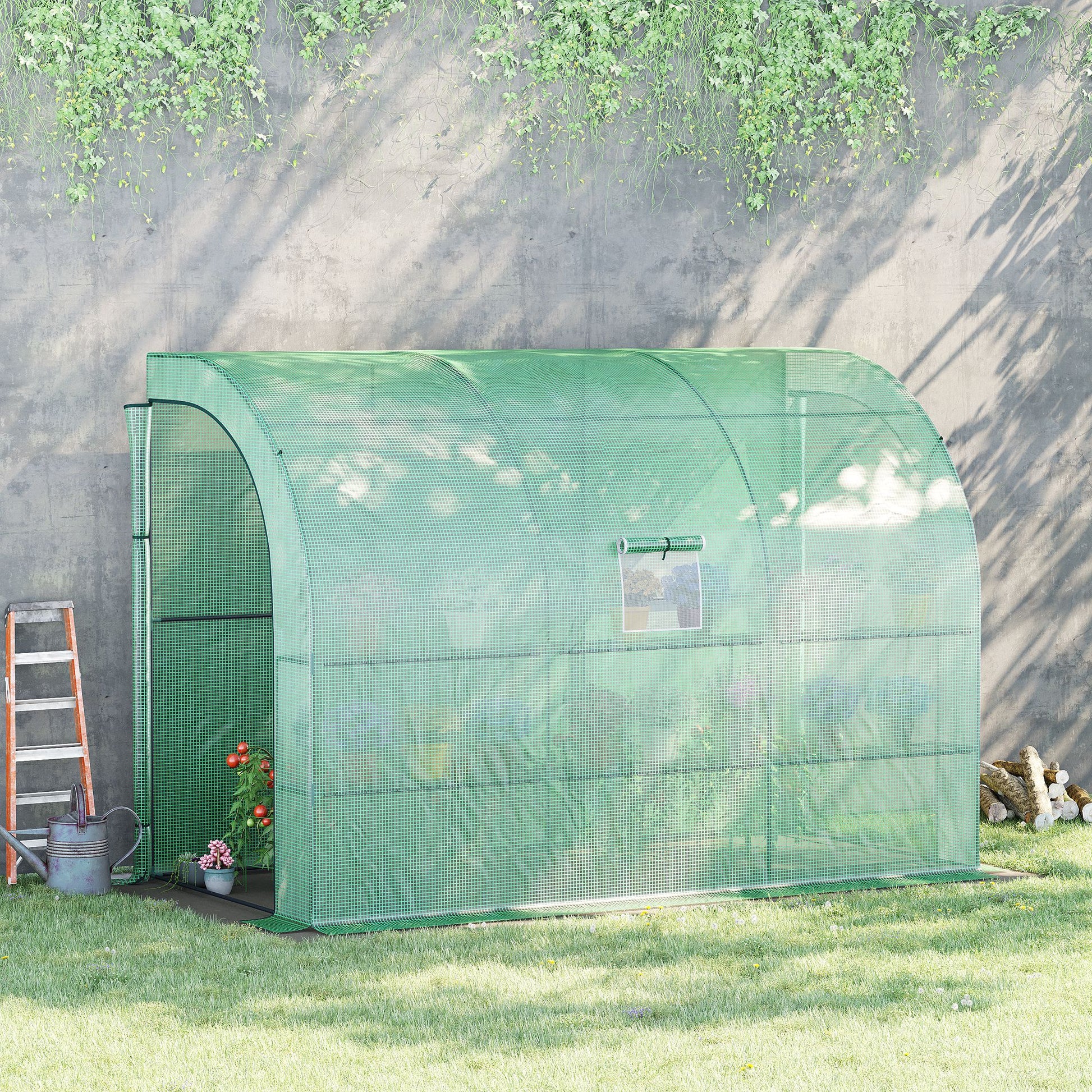 Outsunny Walk-In Lean to Wall Greenhouse with Windows and Doors, Outdoor Green House with 2 Tiers 6 Wired Shelves, 300L x 150W x 213Hcm, Green