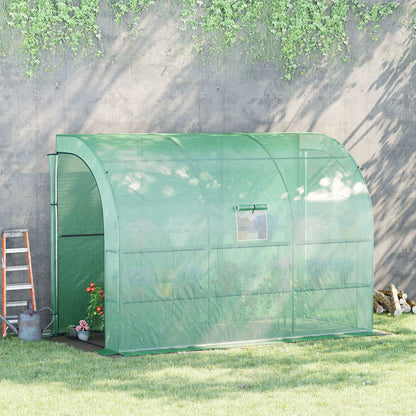 Outsunny Walk-In Lean to Wall Greenhouse with Windows and Doors, Outdoor Green House with 2 Tiers 6 Wired Shelves, 300L x 150W x 213Hcm, Green