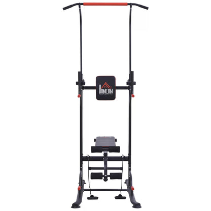 Multifunction Power Tower Home Workout Dip Station w/ Sit-up Bench Push-up Bars and Tension Ropes Fitness Equipment Gym Training
