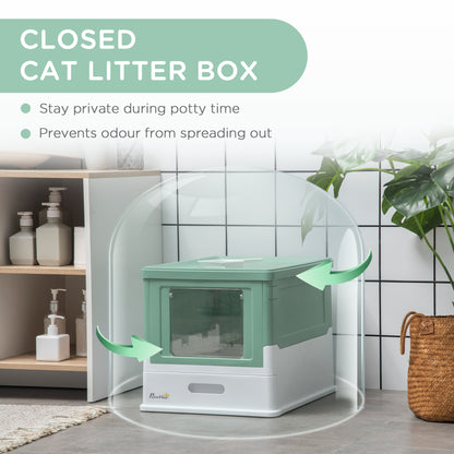 Hooded Cat Litter Box, Portable Pet Toilet w/ Tray, Scoop, Front Entry, 47.5 x 35.5 x 36.7cm - Green