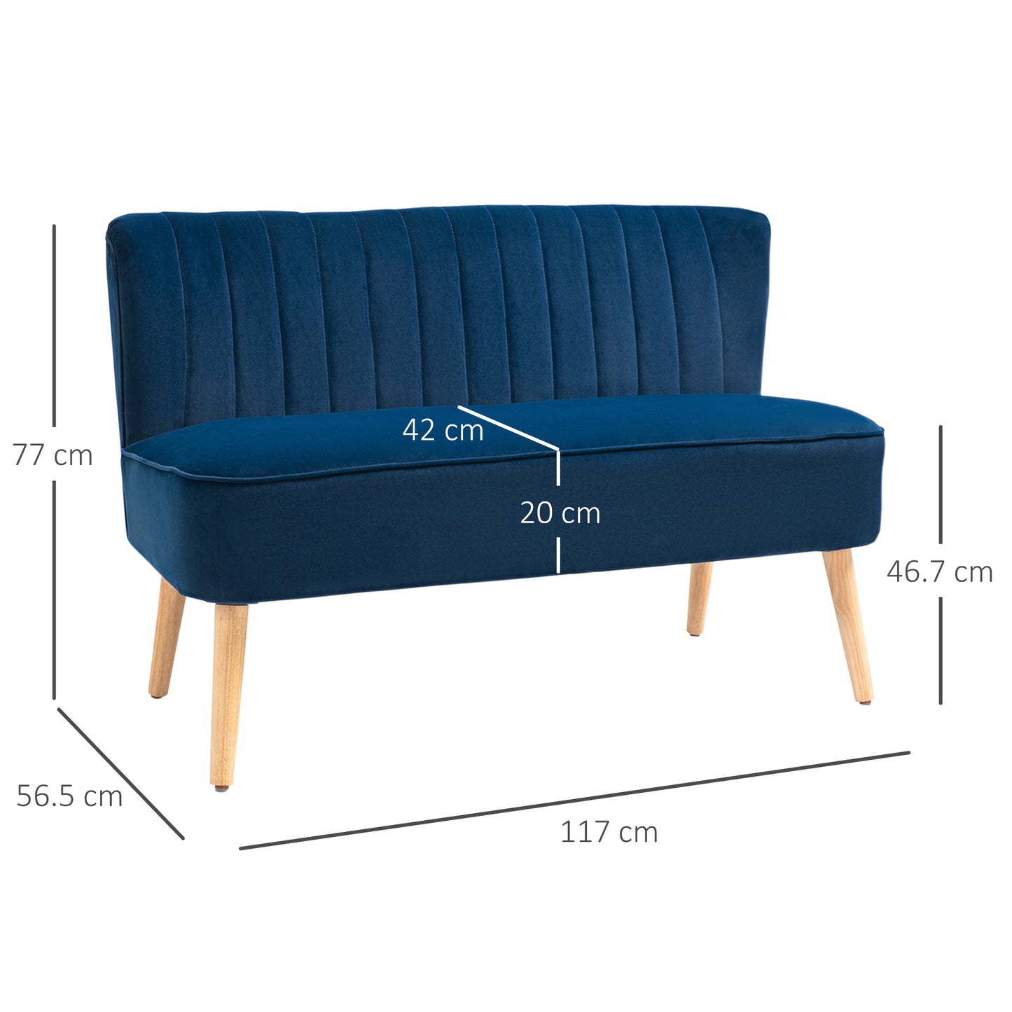 Modern Velvet Double Seat Sofa w/ Wood Frame Foam Padding High Back Soft Comfortable Compact Couch Home Office Stylish Plush Touch Blue