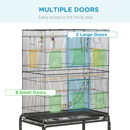 Bird Cage with Stand, Toys, Wheels, for Canaries, Finches, Lovebirds, Parakeets, Budgie Cage with Accessories, Storage Shelf - Black