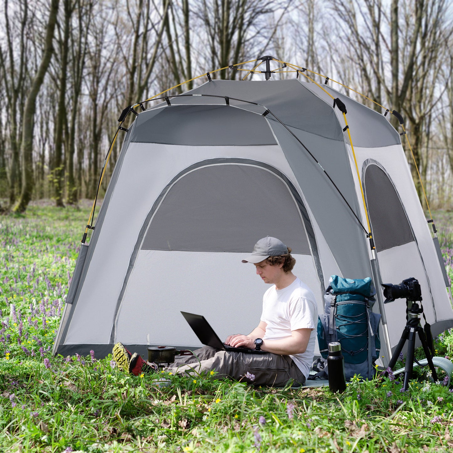 Warehouse Clearance Sale - Outsunny 4 Person Automatic Camping Tent, Outdoor Pop Up Tent, Portable Backpacking Dome Shelter, Grey