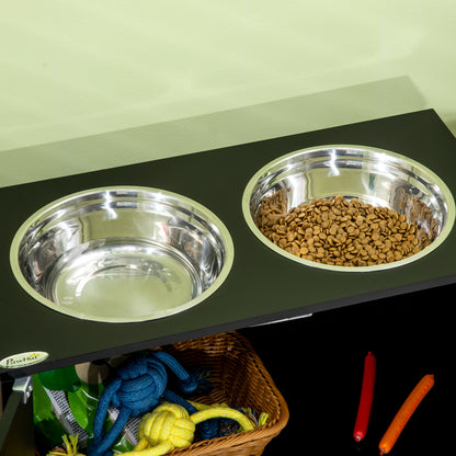 Raised Dog Bowls for Large Dogs Pet Feeding Station w/ Stand, Storage, Two Stainless Steel Bowls - Black