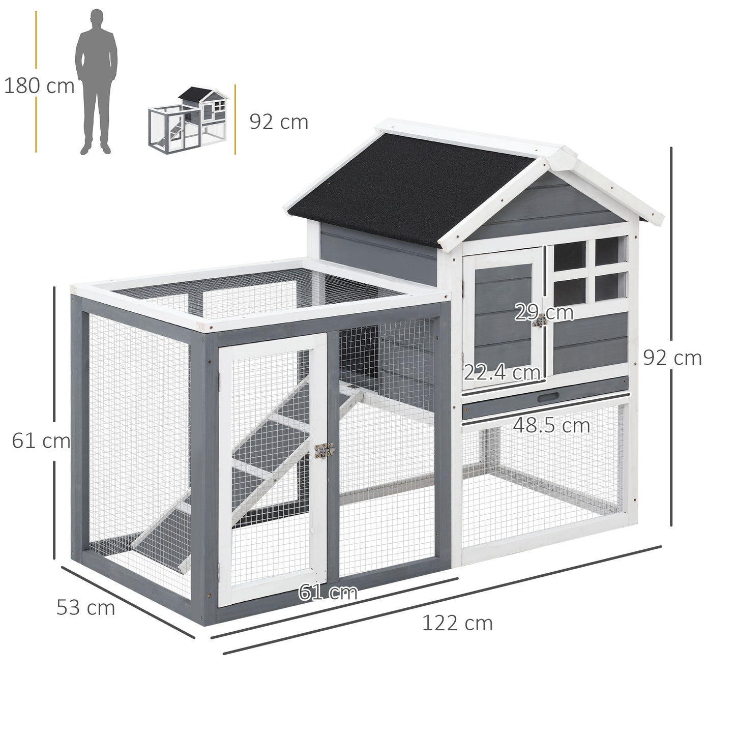 2 Tier Rabbit Hutch Outdoor, Wooden Guinea Pig Hutch, Bunny Cage Small Animal House with Ramp Rabbit Run Pull Out Tray, Grey, 122 x 62.6 x 92 cm