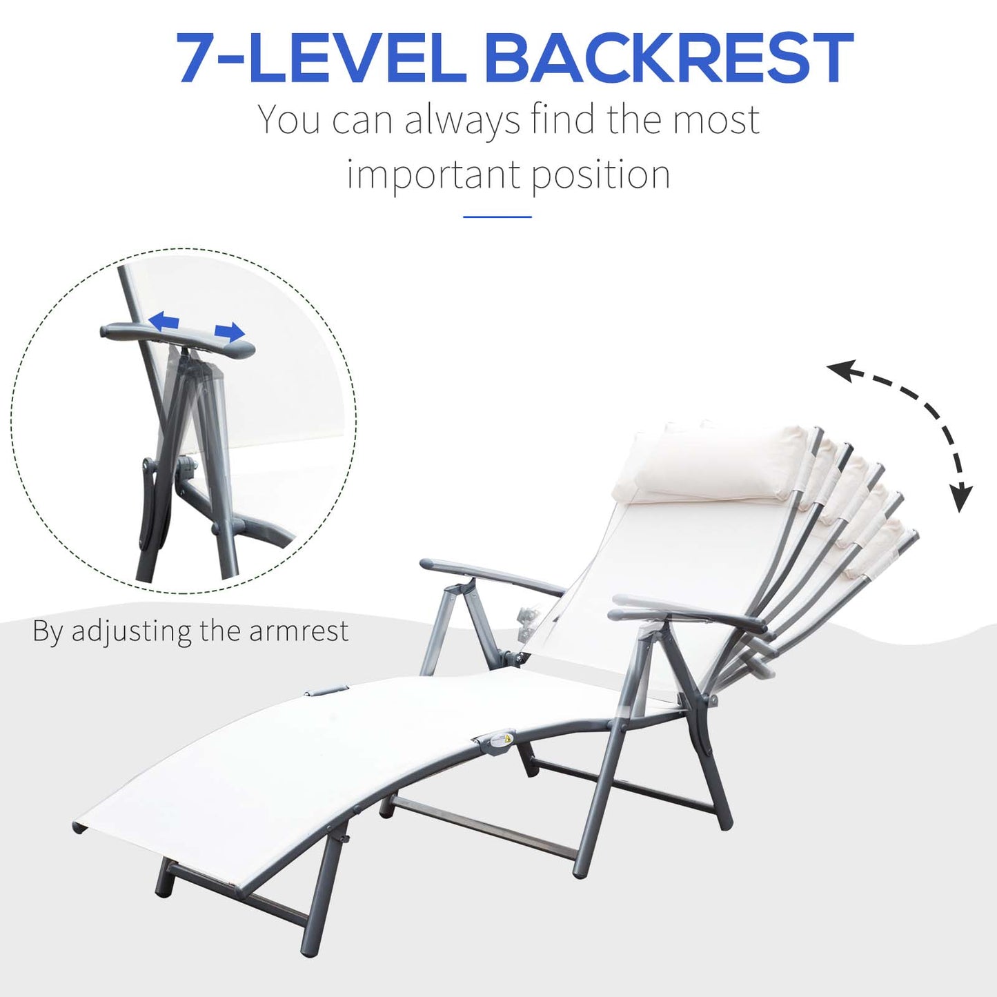 Garden Lounger Steel Frame Outdoor Folding Chaise Lounger with Headrest & 7 Levels Adjustable Backrest, 81.5L x 20.5W x 64.5H, Cream White