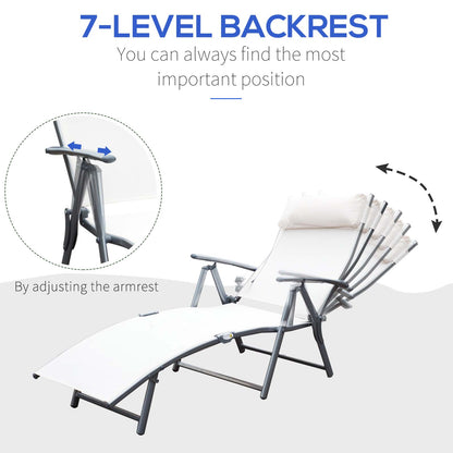 Garden Lounger Steel Frame Outdoor Folding Chaise Lounger with Headrest & 7 Levels Adjustable Backrest, 81.5L x 20.5W x 64.5H, Cream White