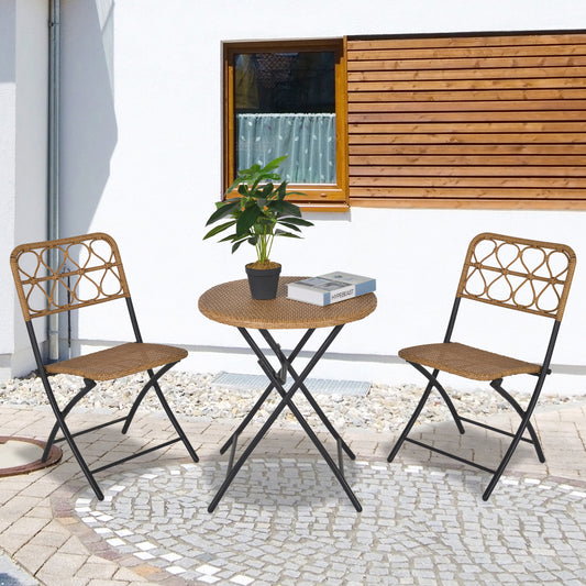 Outsunny 3 PCS Rattan Wicker Bistro Set with Easy Folding, Hand Woven Rattan Coffee Table and Chairs for Outdoor Lawn, Pool, Balcony & Garden, Natural