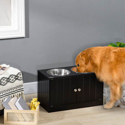 Raised Dog Bowls for Large Dogs Pet Feeding Station w/ Stand, Storage, Two Stainless Steel Bowls - Black