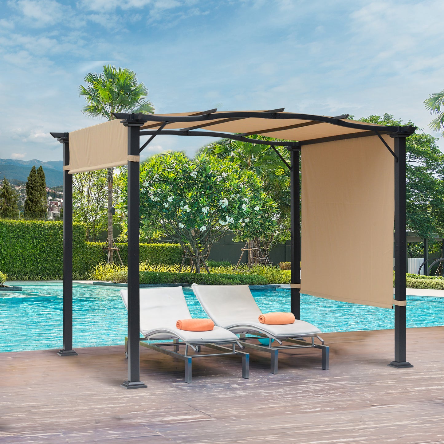 Outdoor Retractable Pergola Garden Gazebo with Two Adjustable Side Canopy Overhead Sun Shade Backyard Canopy Cover, Steel Khaki 3x2.45x2.3m