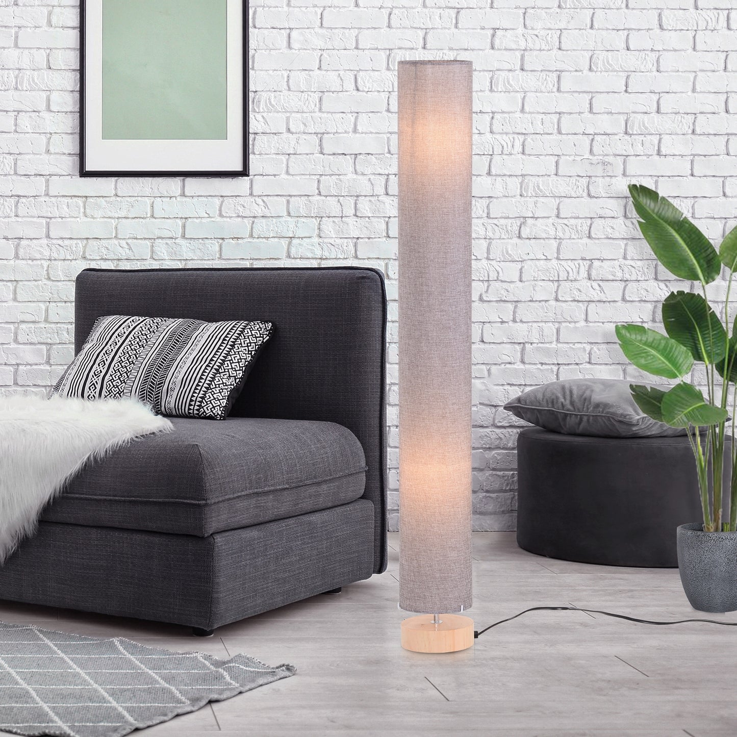 HOMCOM 47-Inch Modern Wooden Floor Lamp for Bedroom, Study or Living Space with Fabric Linen Shade (Grey) 120 CM