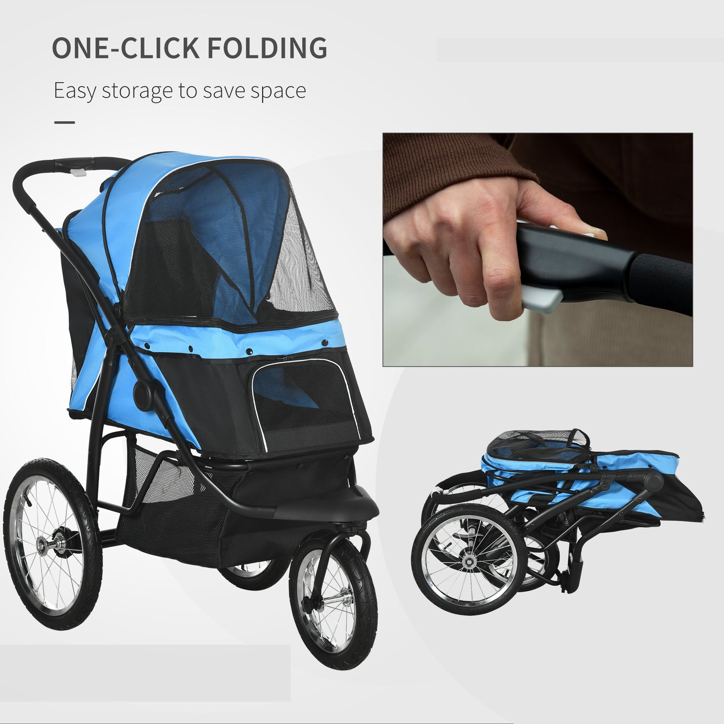 Pet Stroller Jogger for Medium, Small Dogs, Foldable Cat Pram Dog Pushchair w/ Adjustable Canopy, 3 Big Wheels - Blue