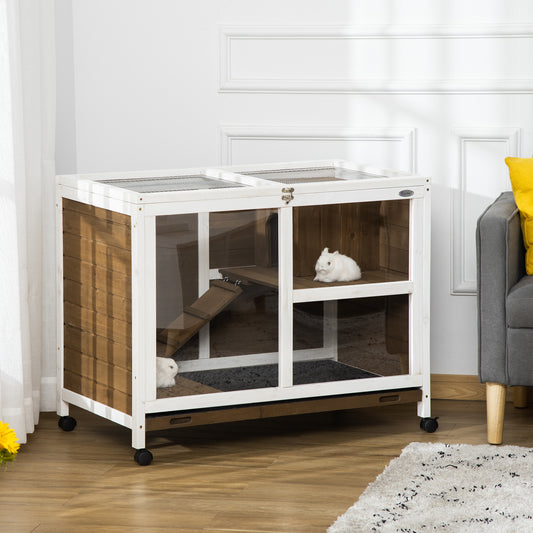 Wooden Rabbit Hutch Guinea Pigs House Bunny Small Animal Cage w/ Pull-out Tray Openable Roof Wheels 91.5 x 53.3 x 73 cm, Brown